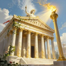 a matte painting of a Atlantis grec temple olymp glory in sun shaft zeus sky statue pantheon ivy plant grow flower in white marble gold incrusted of legends adn red flag dynasty by Frank Lloyd Wright and Zaha Hadid torch volume light stylized illustration  digital airbrush painting, 3d rim light, hyperrealistic masterpiece, artstation, cgsociety, kodakchrome, golden ratio