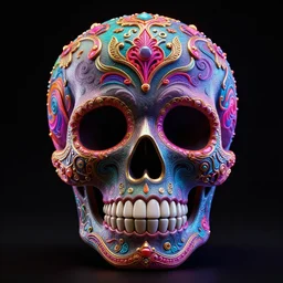 a highly detailed photographic render of intricately carved sugar skull, psychedelic, black background, neon light, intricate ornament, gilding, horror, dark fantasy, beautifully lit, ray traced, octane 3D render in the style of Gerald Brom and James Gurney, sharp focus, HD, 8k