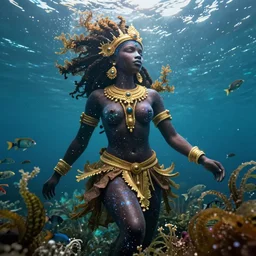 hyperrealistic neoclassical cinematic underwater scene with fish and algae, very expressive! bioluminescent african goddess, full body, gold jewerly, highly detailed face, digital art masterpiece, eric zener cam de leon, volumetric light, long shot, low angle uhd 8 k, sharp focus