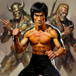 bruce lee, digital painting masterpiece by frank frazetta and kim jung gi and mœbius and mike mignola, 4 k wallpaper, highly detailed, intricate brush strokes
