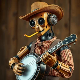 photograph of a country bumpkin robot playing a banjo, straw in his mouth, high detail, hyper realistic, 8 k, award winning photograph, promo shot, sigma 8 5 mm f / 8