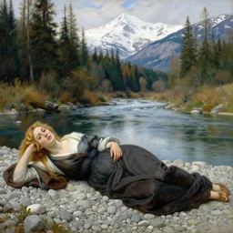 a painting of a very beautiful blonde woman lying on pebbles by a beautiful river in a virgin forest with snowy mountains in the background, in the style of rosa bonheur, amazing detail, award winning