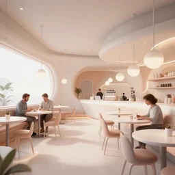 interior of a futuristic cafe, roger broders, hein schulz neudamm, giuseppe riccobaldi, volumetric, dynamic pose, detailed, matte print, dramatic lighting, risograph, halftone texture, depth, modern colors