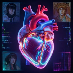 human anatomical heart, tron legacy lines, anatomy, microdot pixels, neon glowing, substance painter, medical heart!, tron lines, cybertron, artstation, by greg rutkowski, halo, vaporwave, matrix, by tsutomu nihei, anatomic heart! by artgerm, gurney, alphonse mucha, cgsociety