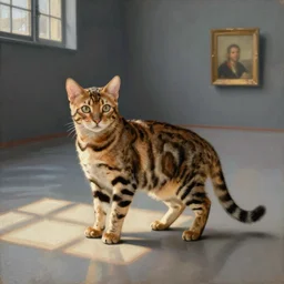 museum painting, medium - shot, small bengal cat, 1 7 th century, oil painting, dreamy, early morning light, light squares on the floor, matte painting, masterpiece, alicia rius, reichert, orlov