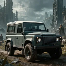 Land Rover Defender 110 (1985), an epic fantasy, dramatic lighting, cinematic, establishing shot, extremely high detail, photorealistic, cinematic lighting, artstation, by simon stalenhag, The Elder Scrolls V: Skyrim, Hjaalmarch, City of Solitude