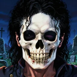 michael jackson!!!! realistic dramatic !big face realistic close up concept art  of michael jackson skull zombie as a dragon ball Z  character,dark eye sockets,  graveyard landscape at night , 4k anime character illustration by akira toriyama, artstation