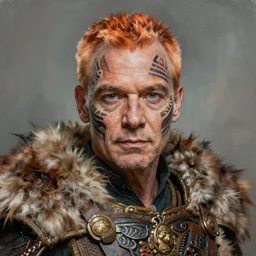 portrait painting of jim carrey with a soft expression and short light orange hair and tribal tattoos on his face wearing fur armor, ultra realistic, concept art, intricate details, eerie, highly detailed, photorealistic, octane render, 8 k, unreal engine. art by artgerm and greg rutkowski and charlie bowater and magali villeneuve and alphonse mucha