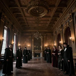 A room full of people, vampires, high ceiling, victorian, soft light, ominous, photorealistic, detailed, 8k