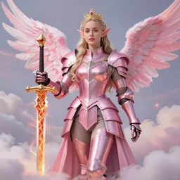 gorgeous!! hyper - realistic woman resembling emilia clarke as a princess wearing ornate pink knight armor, elf ears, angel wings, angemon l holding a fiery long sword | divine, elegant, ethereal, heavenly, clouds, cute, beautiful, holy, fantasy | illustration, intricate, high detail, ultra graphics, digital painting, photorealistic, tarot | drawn by wlop, drawn by jeehyung lee, drawn by artgerm