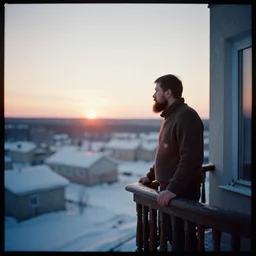lomographic tarkovsky film still of 4 0 years russian man with beard and sweater standing on small hrushevka 9 th floor balcony in winter taiga looking at sunset, cinestill, bokeh