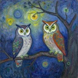 owls sitting on tree branches in the style of Kandinsky