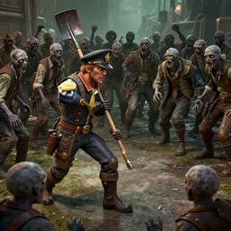 steampunk postman fighting a horde of zombies with just a shovel, 3d scene, render, ultra realistic, zenith view, Greg Rutkowski, artstation, cgsociety, level design, unreal engine, render