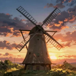 An anime landscape with a windmill at sunset.