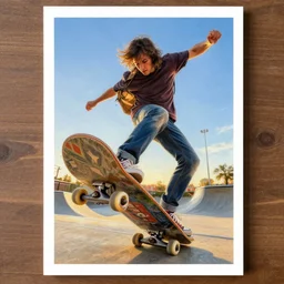 skeatboard, poster, fantasy, pen painting, ultra realistic!!!, hdr, clear weather, golden hour, sharp focus