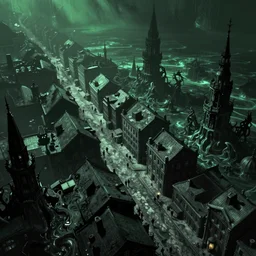 innsmouth city streets, top down view, lovecraft, cthulhu mythos arkham horror, fluid horror, green and black, fogy, sea, by evgeniy musienko, francois baranger