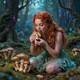 A fairy eating mushrooms in a magical forest