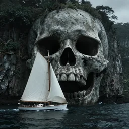realistic photo of a 1 9 2 5 seiner sailing near a tropical skull - shaped cliff with the mouth of a sea cave at the waterline, dark, brooding, atmospheric, lovecraft, horror, smooth, epic, highly detailed, cinematic, by richard corden