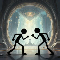 2 stickman figures, battle each other, wide view, portal to a futuristic scifi world, extremely detailed, sharp focus, wide view, full body shot, smooth, digital illustration, by, james jean, by rossdraws, frank franzzeta, sakimichan, mcbess, aphonse mucha