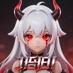 anime girl with blood running down her face, heavy metal album cover, 3 d rendered, red eyes, white haired, horn on head, cute