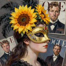 masquerade ball mask, sunflower tiara, vogue magazine, greg rutkowski, john singer sargent, trending on artstation, anime, oil painting, side profile portrait, looking right, intricate