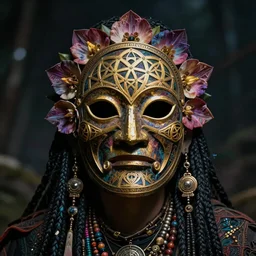 shaman with psychedelic face mask made with the flower of life, and golden ratio patterns, dimethyltriptamine visions 8 k /