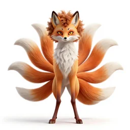 afro-haired kitsune nine-tailed fox, detailed 3d character render, full body, standing, isolated on a pure white background, centered, whole figure in frame, sharp focus, studio lighting