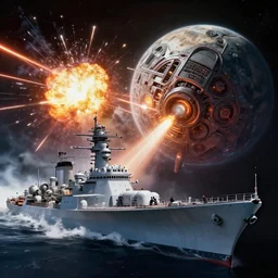 a photo the last battleship attacks the planet killer superweapon in space, explosions, lasers, photorealistic, chuckcheese render by tomino - sama