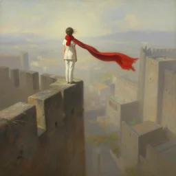a young girl wearing a red scarf around her neck standing on top of an impossibly tall wall, looking down at what is on the other side. she wears a white shirt and trousers and a very long red scarf around her neck that trails down a long way. beautiful fantasy painting by greg rutkowski