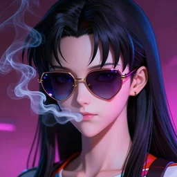synthwave misato evangellion face high detail sunglasses smoking neon cyberpunk