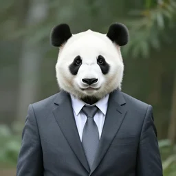 panda wearing a suit and tie, ready for a meeting, outdoors business portrait, close