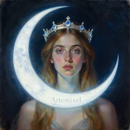 'Artemixel', the modern reincarnation of the old selenium god of hunt, also known as 'Artemis the Selene', carrying the celebrated 'Crown of the Crescent Moon', wich its usual bright and slightly bluish crescent like the brightness of the night. Portrait by Guillermo Lorca, oil on canvas