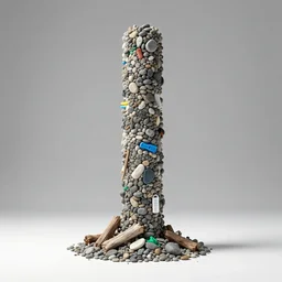 a lonely column made of river pebbles, plastic objects and driftwood by zaha hadid, parametric design, concept art