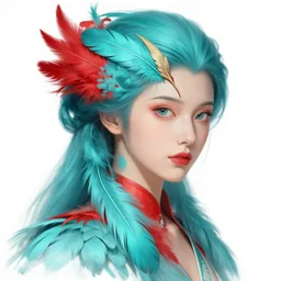 portrait of female, aquamarine and red feathers, intricate, elegant, highly detailed, digital painting, artstation, concept art, smooth, sharp focus, illustration