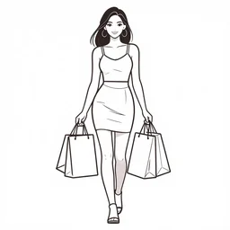 illustration vector fine line art of a full shot pretty sexy shopping girl with shopping bags,trending on shutterstock
