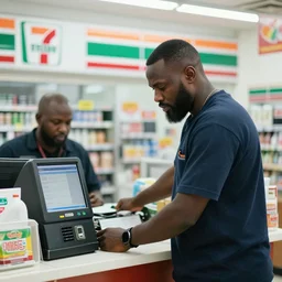 still image of Jerma985 robbing a 711 cashier, convenience store interior background, Jerma, high resolution photograph