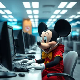 mickey mouse working at a call center, sharp focus, photography, unreal engine, trending on artstation, photorealistic, octane, trending on deviantart