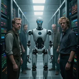 extremely detailed cinematic movie still 3 0 7 7 foggy portrait shot of a robot in an endless data centre by denis villeneuve, wayne barlowe, simon birch, philippe druillet, beeple, bright volumetric sunlight from small windows, rich moody colors