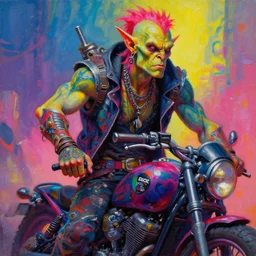 scifi post apocalyptic orcish biker, psychedelic vibrant colors, punk rock fashion, character design, oil painting by michael whelan art, sharp focus, realistic, highly detailed, 8 k