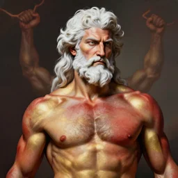 painted portrait of rugged zeus, god of thunder, greek god, white hair, masculine, mature, handsome, upper body, red and gold, brawny, muscular, hairy torso, fantasy, intricate, elegant, highly detailed, digital painting, artstation, concept art, smooth, sharp focus, illustration, art by gaston bussiere and alphonse mucha