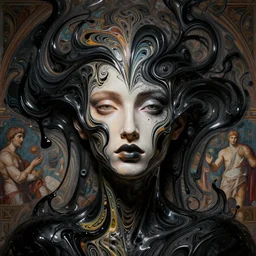epic concept art. 3 d abstract beautiful female face surrounded with swirling art deco black and color liquid fluid, marblic liquid acrylic paint, art noveau dark mood and black latex, fresco by michelangelo, epic light, matte painting. greg rutkowski, wlop, victo ngai, lee griggs. highly detailed octane render