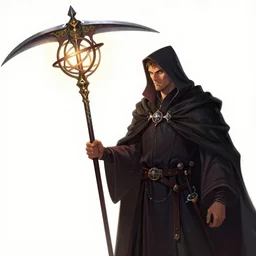 detailed digital art of a mage holding a tall scythe-like weapon with an armillary sphere of concentric rotating rings attached to the top of it; magic the gathering art by Volkan Baga, rk post, Raymond Swanland, artstation
