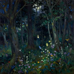 painterly dreamy dark forest with trees, flowers, birds, barely seen women and midnight sky by Mikhail Vrubel, dark fantasy, witcher, detailed oil painting, masterpiece, 8k