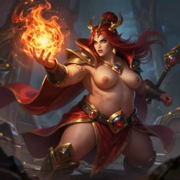The sorceress casting a fire ball, league of legends, strong fat bacchanalian body, highly detailed, digital painting, artstation, concept art, smooth, sharp focus, illustration, ArtStation, art by 1000% Hearthstone