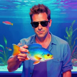 art of ray romano with sunglasses in front of an aquarium, holding a fish, digital painting, synthwave, vivid