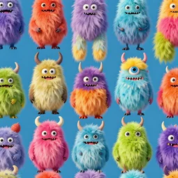 a pattern of surreal, colorful, fluffy, elaborate, and detailed monsters