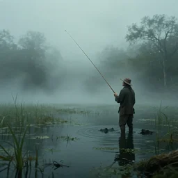 concept, artistic swamp with mystic fog, fisherman with fishing rode, from horror movies, artstation, mysterious