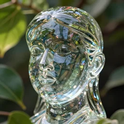 A glass statue of a woman's face, transparent, high definition, foliage, leaves, high definition photography
