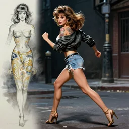 tattooed pinup girl brigitte bardot wearing a jacket and ripped shorts running and fighting in a dark street, character sheet, character design,, contrast, deep focus, turnaround, highly detailed, dramatic lighting, digital painting, artstation, concept art, matte, sharp focus, illustration, elegant, art by artgerm and greg rutkowski and alphonse mucha.