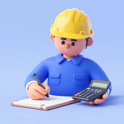 a worker wearing a hardhat writing in a notepad with a calculator, by rhads, 3 d